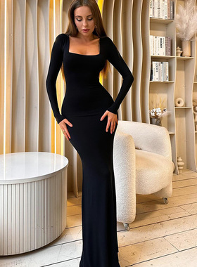 欧美风时尚U型领后背绑带连衣裙 黑色经典长袖收腰显瘦包臀长裙潮