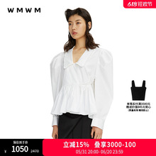 【SALE】【WMWM】休闲简约复古时尚可爱泡泡袖系带衬衫长袖衬衣女
