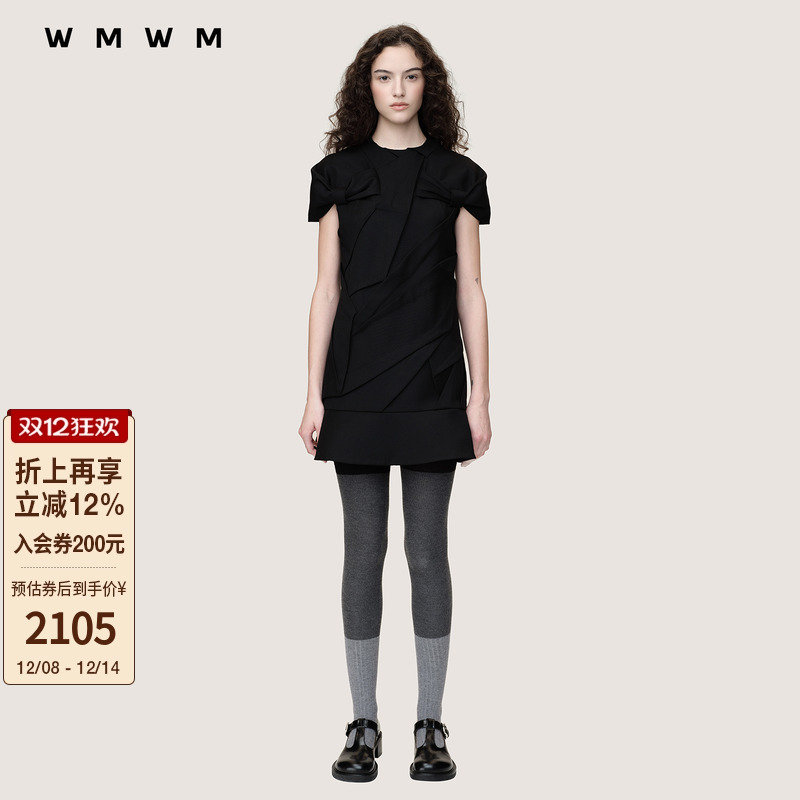 WMWM手工乱褶蝴蝶结拼接连衣裙