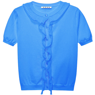 【WMWM】女装高级流行休闲气质搭配设计感边饰泡泡短袖针织衫开衫