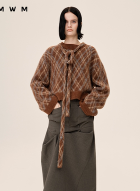 【WMWM】秋冬高级流行休闲设计感时尚气质格纹提花系带针织上衣