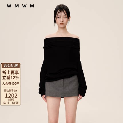 【WMWM】秋冬休闲高级流行设计感超细羊毛不对称垂领针织打底衫