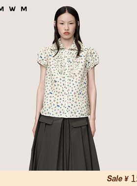 【SALE】【WMWM】设计感印花抽褶领花边泡泡袖衬衫2025秋冬新品女