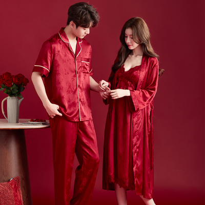 新款结婚新婚冰丝红色睡衣情侣装一男一女春夏季新娘晨袍礼盒套装