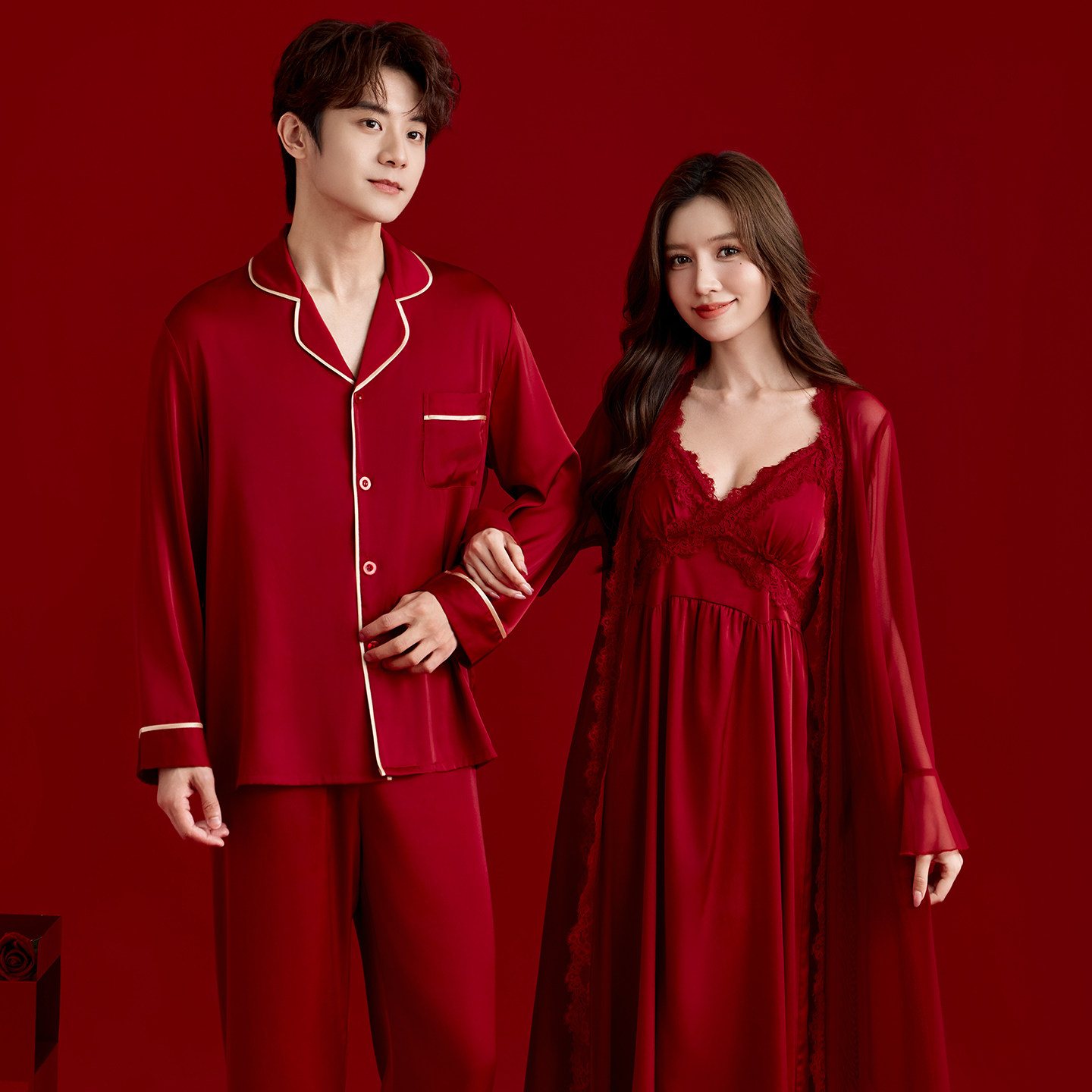 秋季新款红色结婚新婚冰丝情侣睡衣一男一女新娘晨袍高档礼盒套组