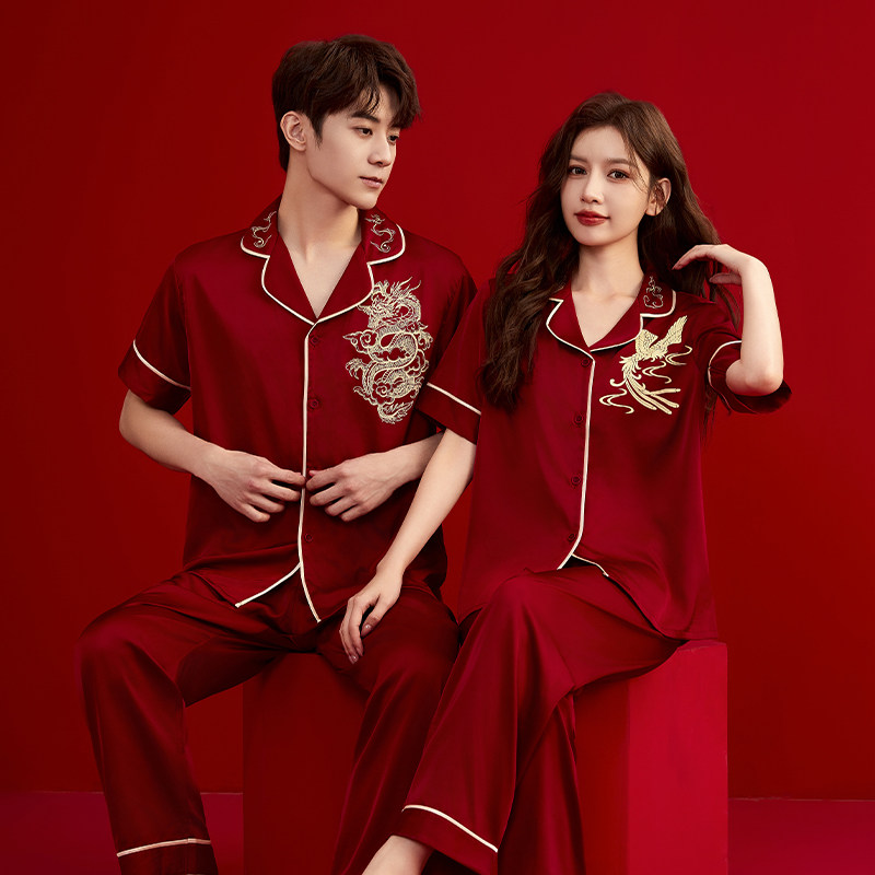 两套价冰丝红色本命年结婚新婚情侣睡衣装一男一女短袖夏季家居服
