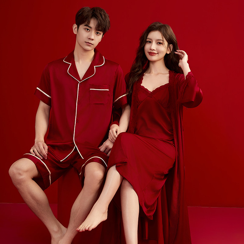 礼盒套组结婚新婚红色睡衣情侣一男一女冰丝新娘晨袍吊带睡裙夏季
