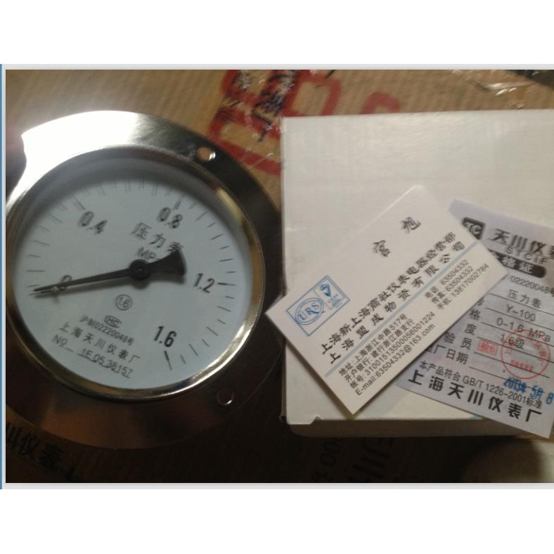 上海天川仪表Y-100ZT轴向带边压力表0-1.6MPA水压表气压表面板表