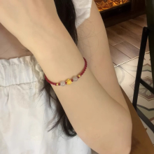 黄金莲花手链女 999足金桃花转运珠花朵本命年编织红手绳节日礼物