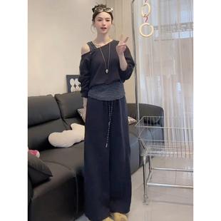 MONLOUVE慵懒风休闲运动套装女韩版高级感假两件斜肩上衣阔腿裤显