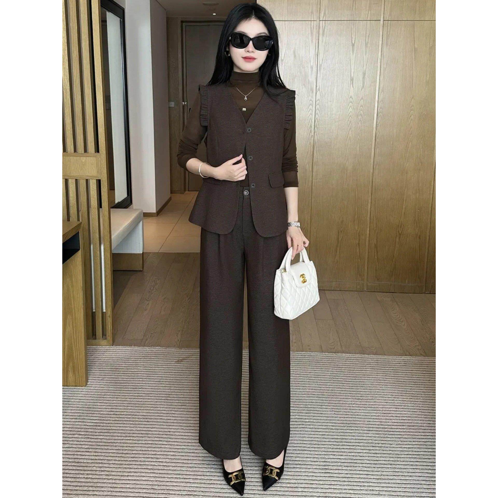 MONLOUVE小个子时尚减龄套装女新款气质马甲内搭打底衫阔腿裤巨好