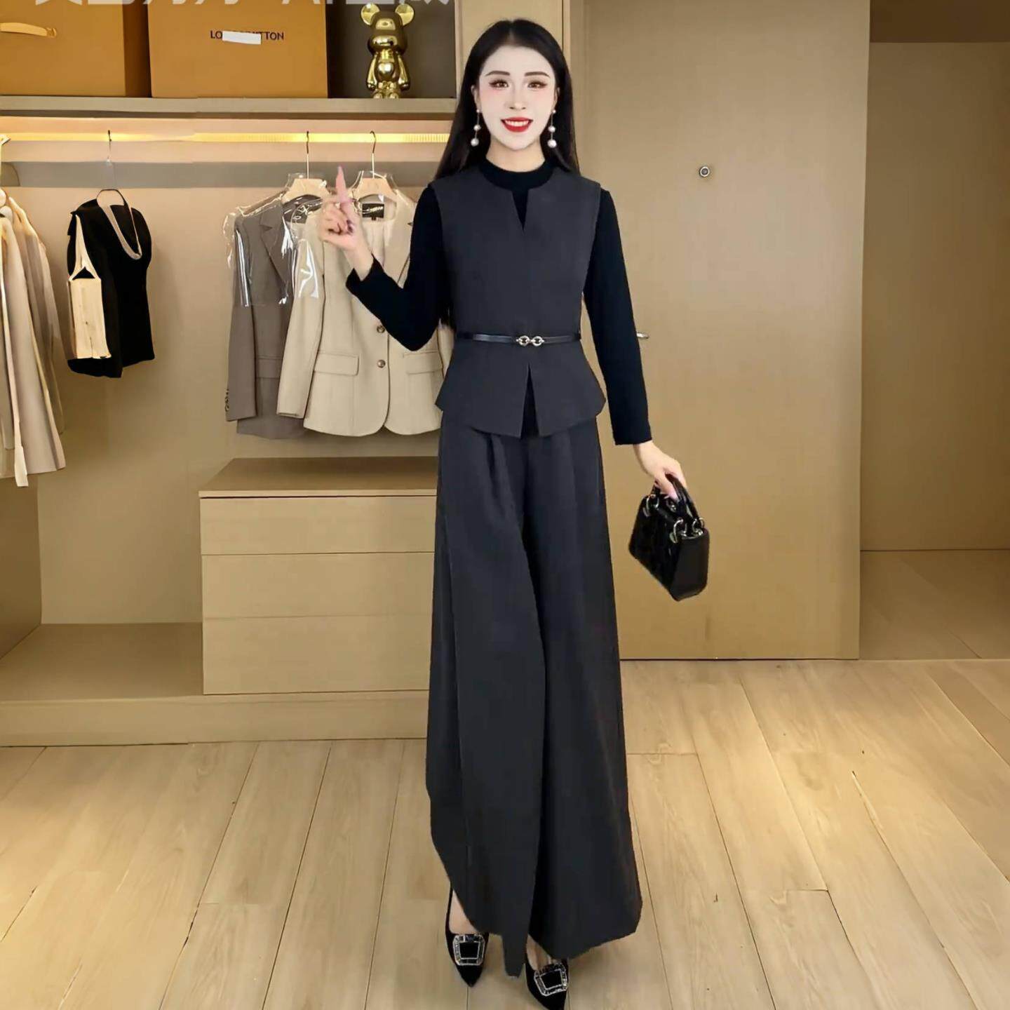 MONLOUVE高级感时尚西服套装女士秋季新款气质马甲打底衫阔腿裤穿