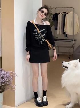 MONLOUVE小个子早秋穿搭一整套2025新款美式覆古挂脖露肩t恤+半身