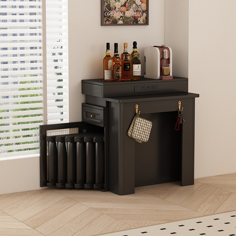 实木折叠餐桌岛台一体可伸缩小户型家用省空间黑色岩板饭桌椅组合