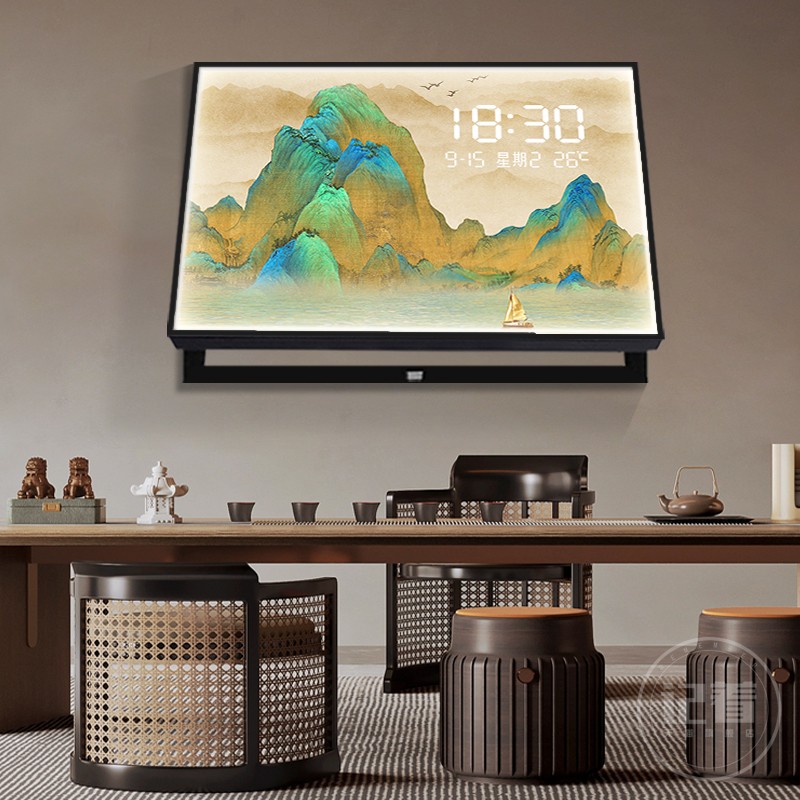 千里江山图电表箱装饰画带钟表LED灯餐厅配电总开关电闸遮挡挂画