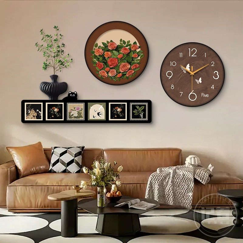 玫瑰花中古风客厅装饰画带钟表餐厅饭厅沙发背景墙2025年新款挂画