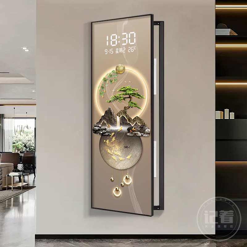 流水生财大尺寸电表箱装饰画带钟表万年历配电闸玄关走廊遮挡挂画