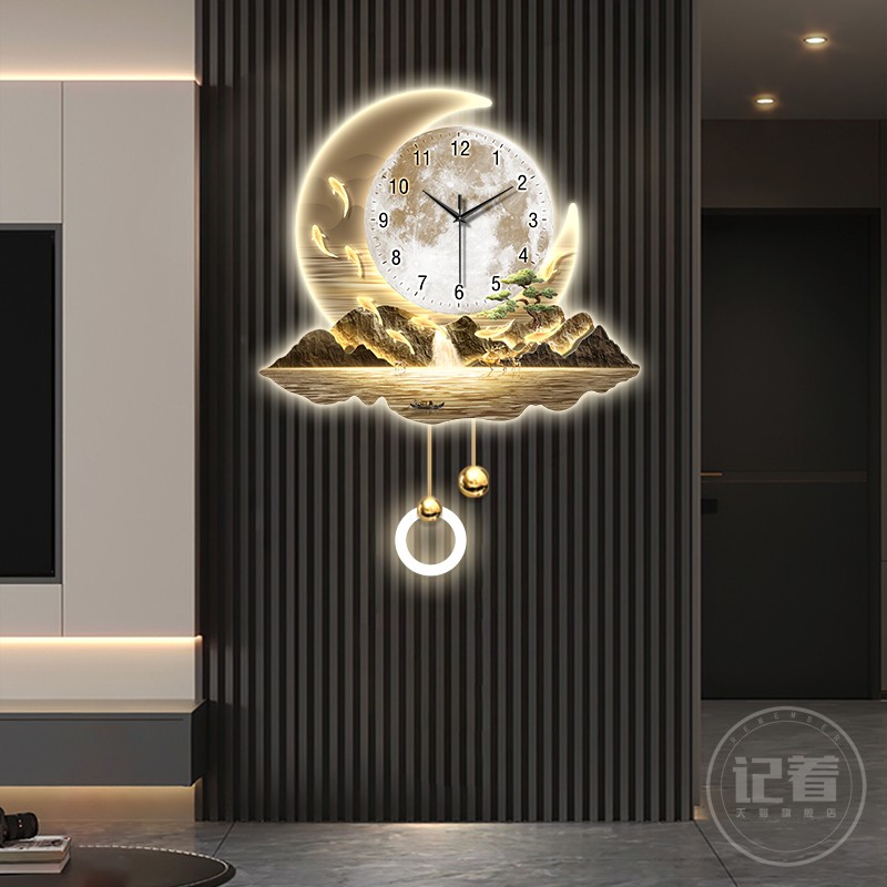 流水生财钟表挂钟客厅玄关装饰画带灯饭厅格栅电视墙灯具发光时钟