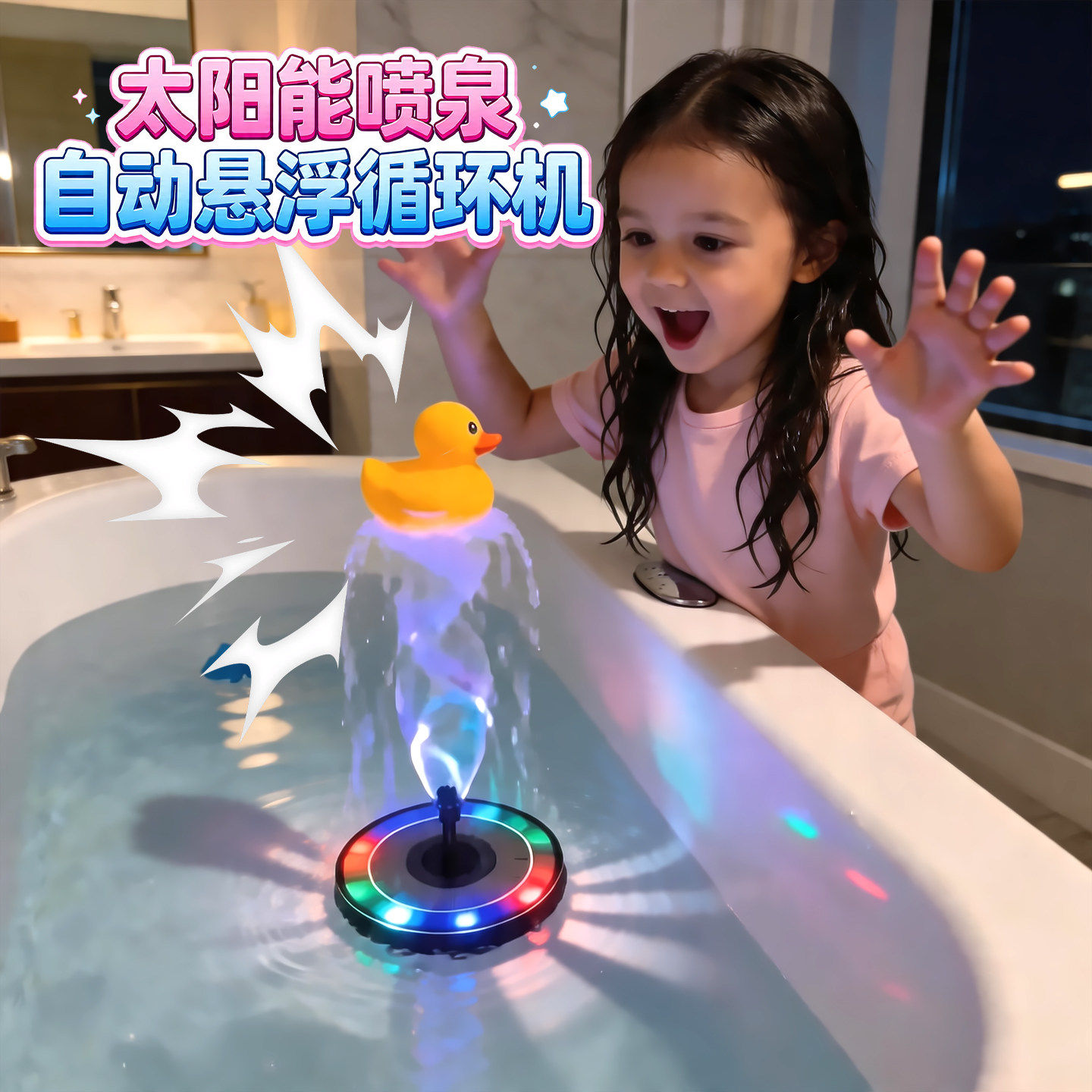 儿童太阳能喷泉水景自动漂浮炫彩喷泉灯宝宝浴室玩水戏水发光玩具图片