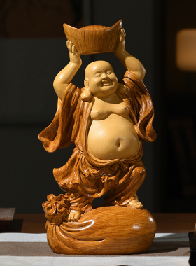 元宝弥勒佛摆件佛像大肚笑佛彷木雕像工艺礼品摆饰客厅茶室装饰开
