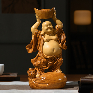 元宝弥勒佛摆件佛像大肚笑佛彷木雕像工艺礼品摆饰客厅茶室装饰开