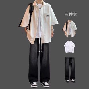 日系短袖衬衫男生套装痞帅男装一套搭配休闲夏季青少年夏装衬衣男