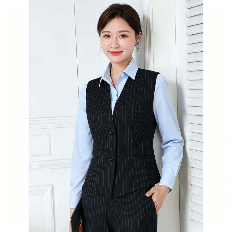 巴慕拉建行工作服女秋冬长袖衬衫马甲套装建设银行条纹职业西装裤