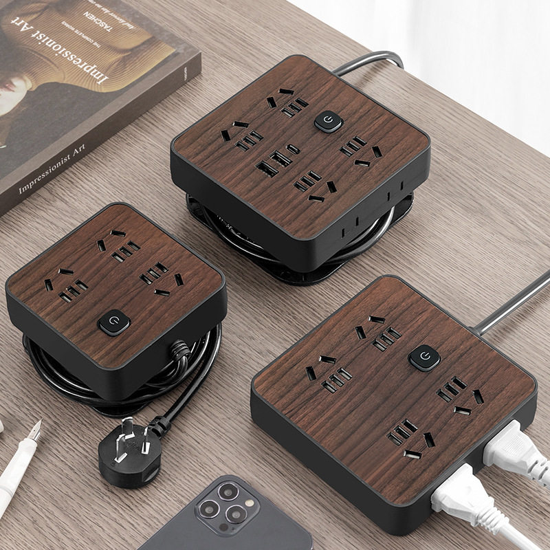 创意正品木纹多功能插座绕线usb插排插线板接线板宿舍家用拖线板