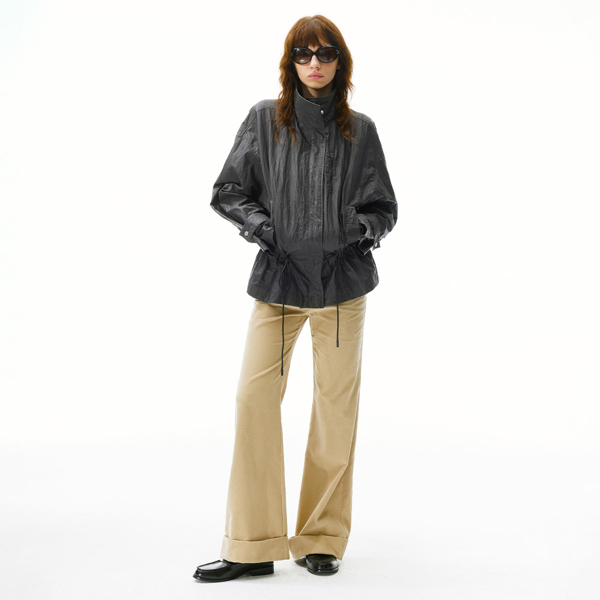 30.R 90s cleanfit/咖色油蜡皮抽绳立领宽松夹克外套