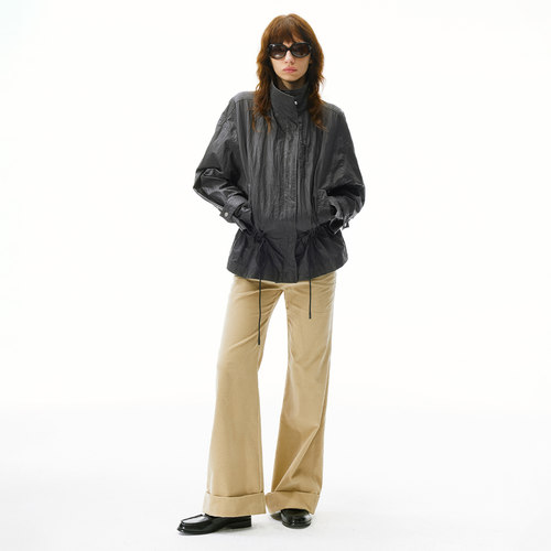 30.R 90s cleanfit/咖色油蜡皮抽绳立领宽松夹克外套