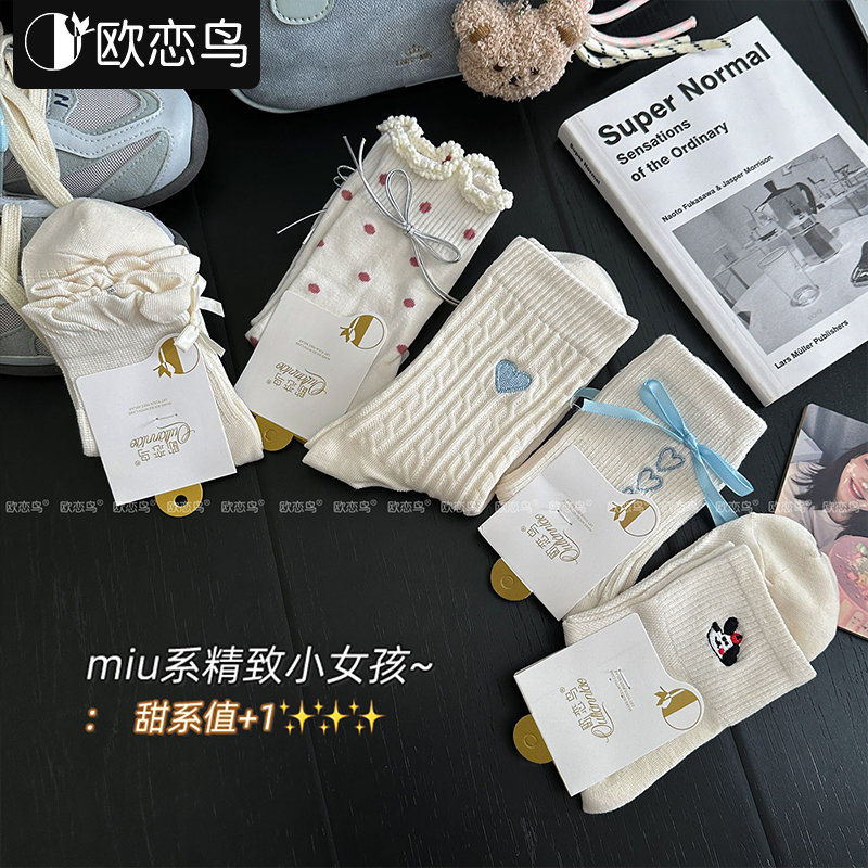 【欧恋鸟】可爱少女风波点蝴蝶结小白袜女夏季薄款百搭透气中筒袜