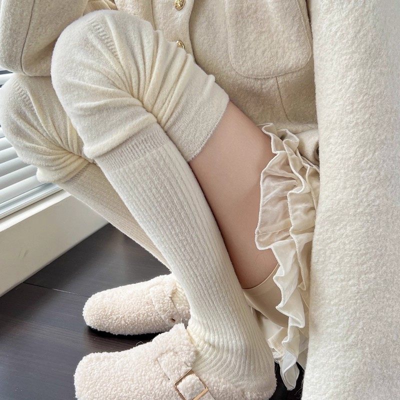 秋冬JK过膝袜保暖加毛绒拼接高筒堆堆袜奶白色雪地长靴袜女百搭韩