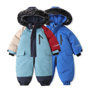 时尚拼色宝宝滑雪服连体衣宝宝爬服哈衣2025冬季新款童装连身衣