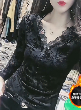 加绒长袖V领蕾丝打底衫女内搭性感网纱洋气小衫上衣百搭时尚潮流