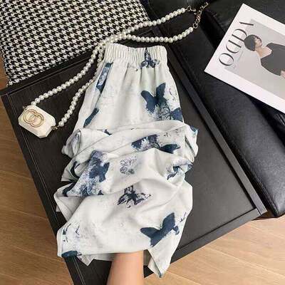 春夏冰丝新中式扎染水墨阔腿裤女加长休闲裤垂感扎染阔腿直筒裤子