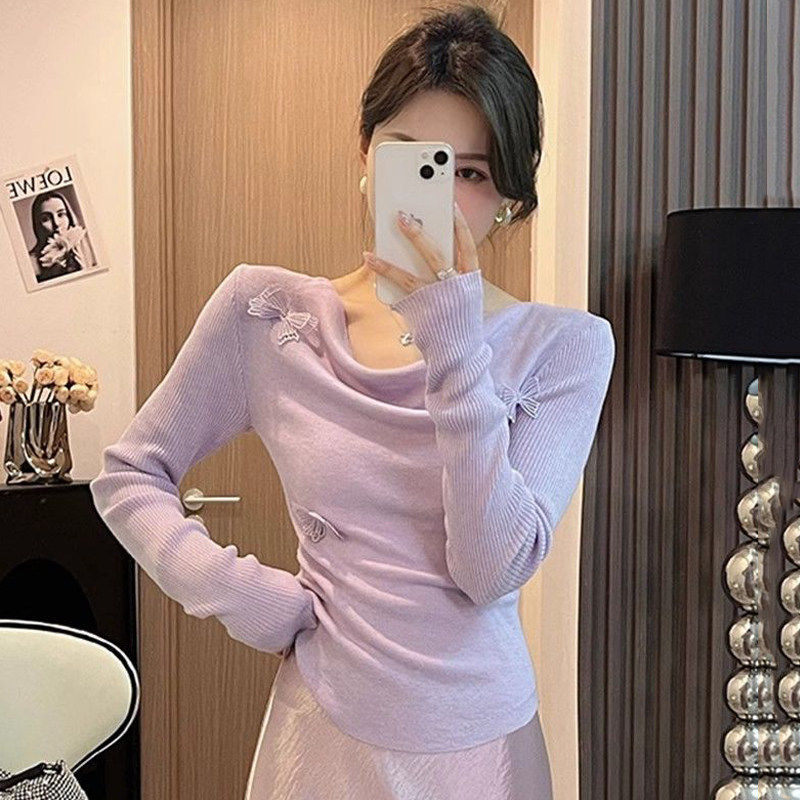 法式紫色一字肩毛衣针织上衣女春秋新款内搭打底衫设计感小众T恤