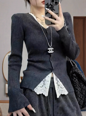 高级感灰色蕾丝拼接针织衫女长袖毛衣打底衫大码春秋冬季修身上衣