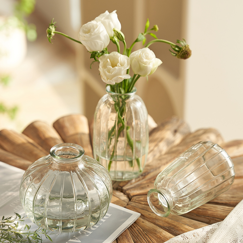 ins风复古透明玻璃小花瓶客厅插花法式浮雕迷你宿舍鲜花水养摆件