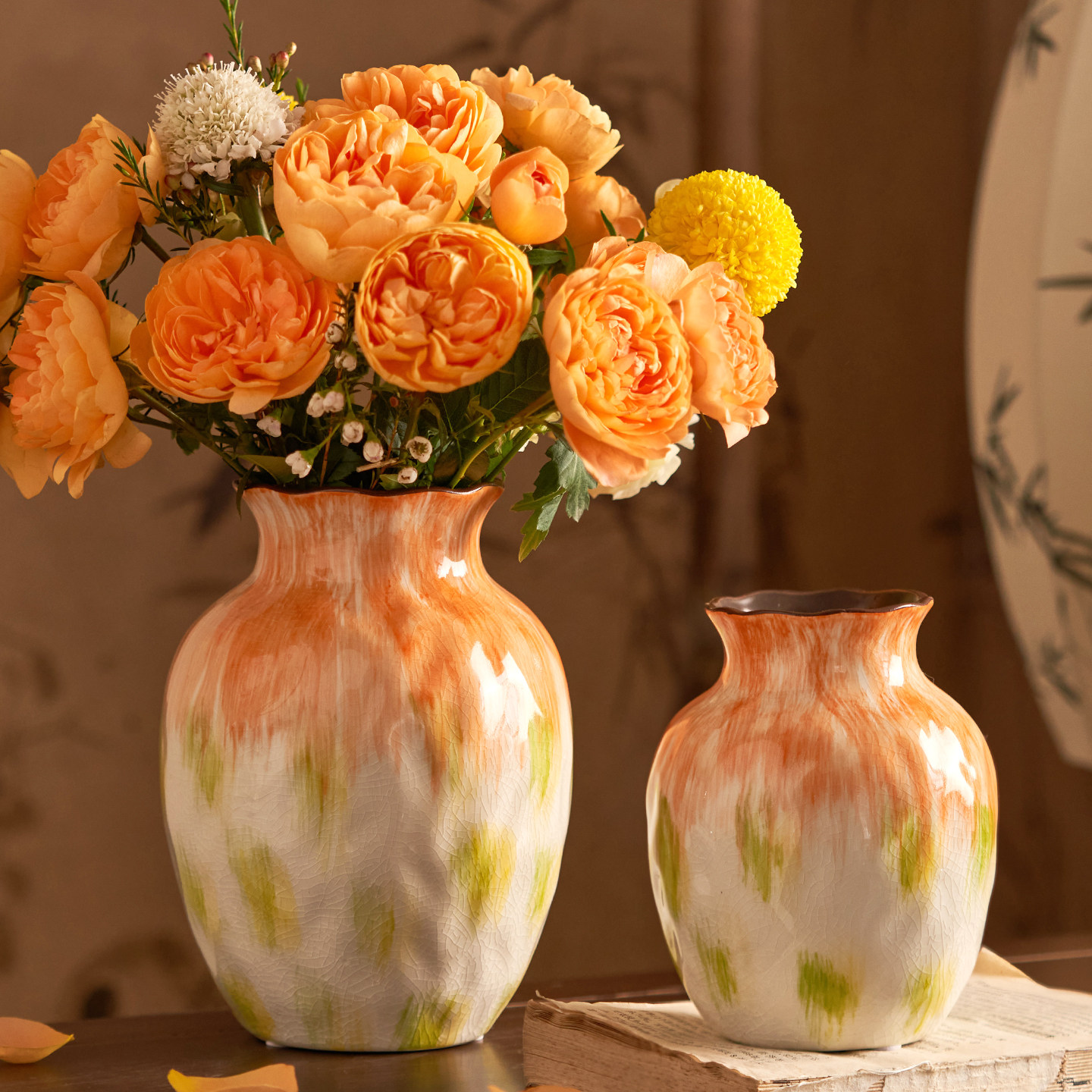 新版复古双色陶瓷花瓶摆件电视柜客厅水培插花高级感装饰品新中式