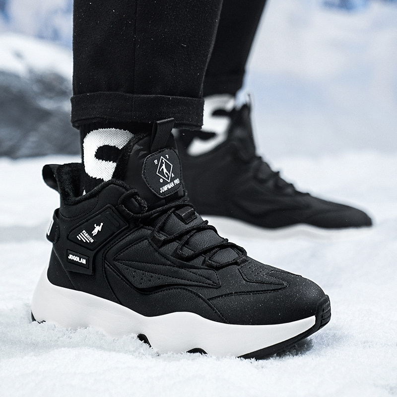 乔丹格兰男鞋运动鞋男款冬季皮面加绒男士休闲鞋黑色鞋子老爹鞋