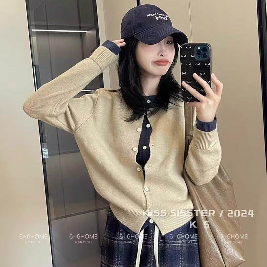 MONLOUVE灰色设计感假两件针织开衫女春秋高级感上衣开春韩系穿搭