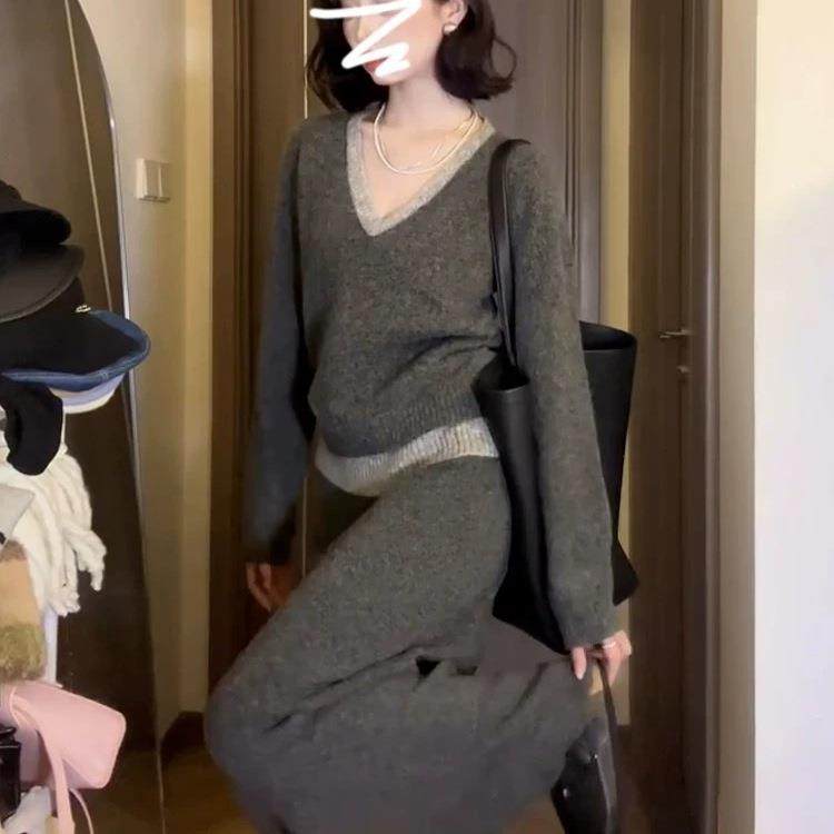 MONLOUVE温柔风灰色针织毛衣套装连衣裙子女早秋季2025新款一整套