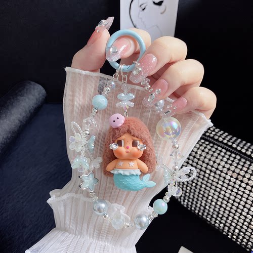清新蓝美人鱼手工串珠手机挂链女