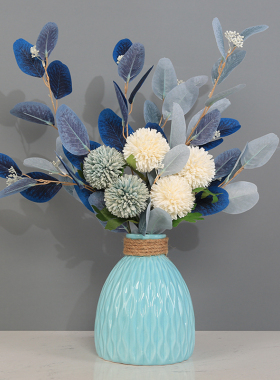 地中海简美日式陶瓷花瓶蓝白色仿真花艺尤加利桉树叶绣球套装摆件