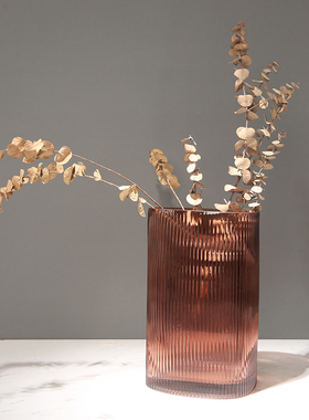 不规则竖条纹玻璃可水培花瓶咖色客厅餐桌插花花器样板间装饰摆件