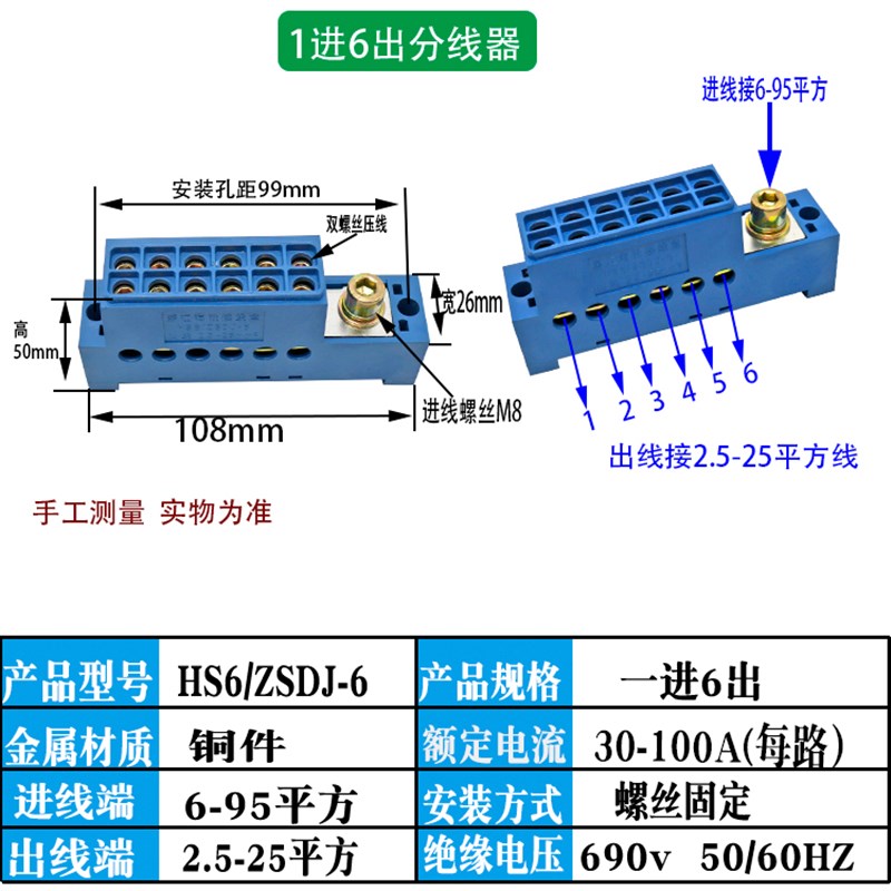 HS6单极一进多出零线端子大电流1进4/6/9/12/16出分线器零排25mm2