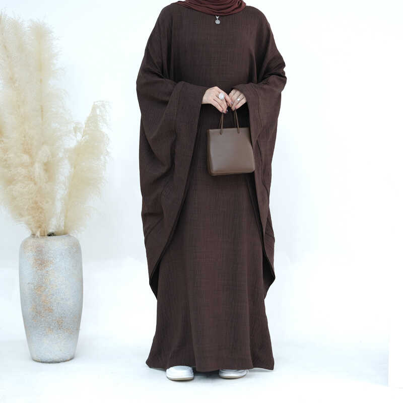 Abaky Dubai Women Long Robe民族风收腰蝙蝠袖纯色长袍长裙