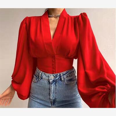 新款V领灯笼袖上衣衬衫 New Button V-Neck Lantern Sleeve Shirt