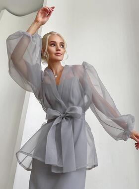 Sexy Black Perspective Shirt Women's Bubble Sleeve Long Slee