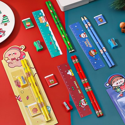 5Pcs Christmas Stationery Set Pencil Sharpener Eraser Ruler